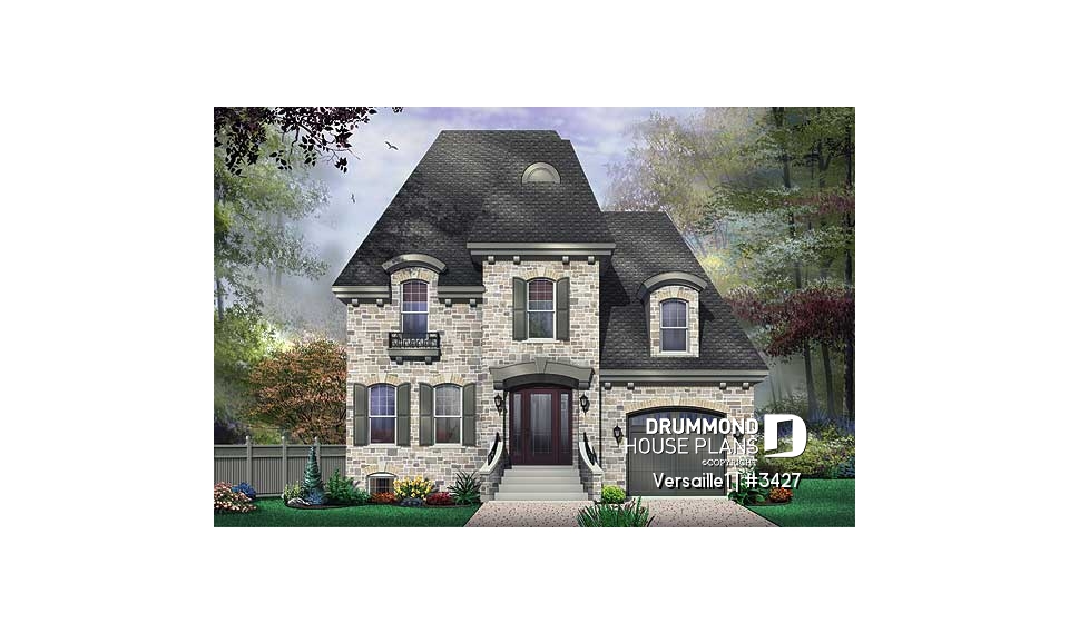 front - BASE MODEL - Beautiful European inspired house plan with master suite, 2 secondary bath, home office, garage - Versaille1