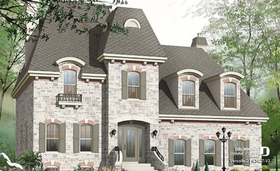 front - BASE MODEL - House plan with large master suite, double garage, 2 fireplaces and cathedral ceiling, mezzanine - Versaille 2
