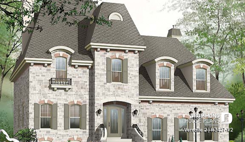 front - BASE MODEL - House plan with large master suite, double garage, 2 fireplaces and cathedral ceiling, mezzanine - Versaille 2