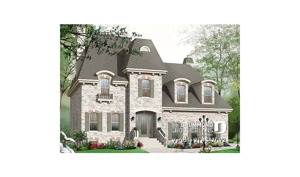 front - BASE MODEL - House plan with large master suite, double garage, 2 fireplaces and cathedral ceiling, mezzanine - Versaille 2