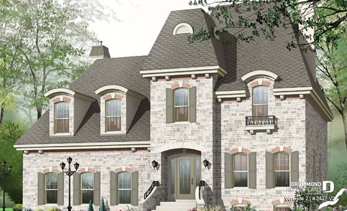 front - BASE MODEL - House plan with large master suite, double garage, 2 fireplaces and cathedral ceiling, mezzanine - Versaille 2