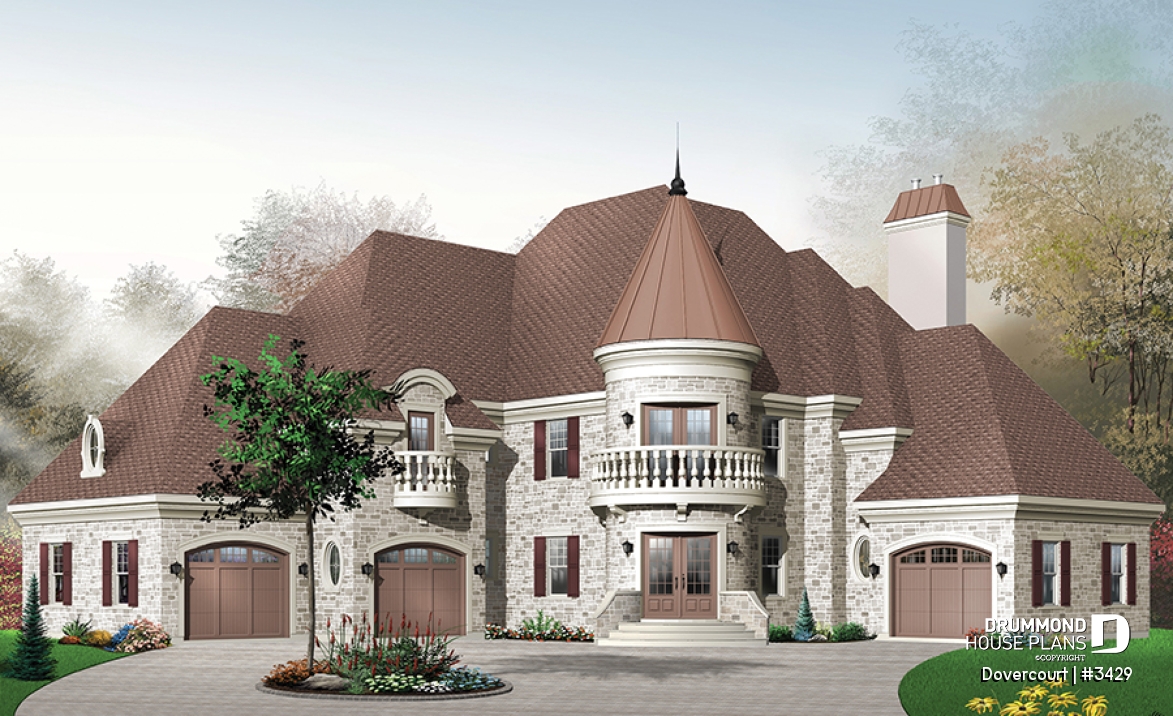 front - BASE MODEL - Somptuous 3-car garage, 3 to 4 bedrooms house plan, 2.5 baths, home office, fireplace - Dovercourt