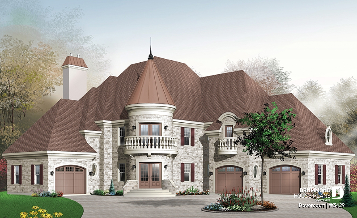 front - BASE MODEL - Somptuous 3-car garage, 3 to 4 bedrooms house plan, 2.5 baths, home office, fireplace - Dovercourt