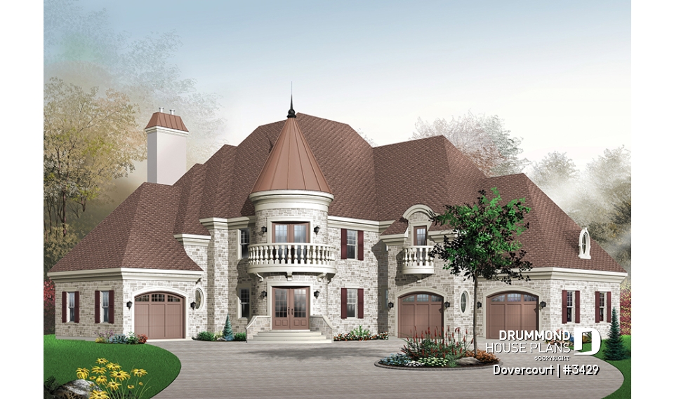front - BASE MODEL - Somptuous 3-car garage, 3 to 4 bedrooms house plan, 2.5 baths, home office, fireplace - Dovercourt