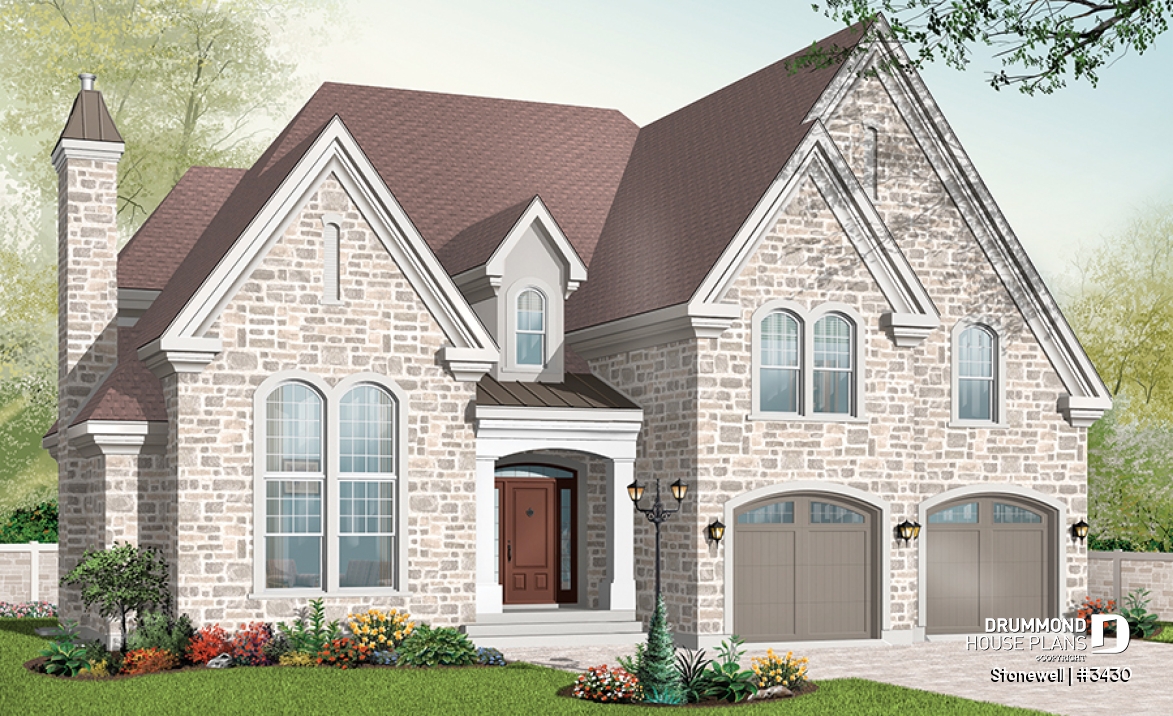 front - BASE MODEL - Europen home plan, 3 to 4 bedrooms, large bonus, master suite on main level, 2-car garage, formal living room - Stonewell
