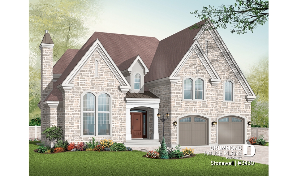 front - BASE MODEL - Europen home plan, 3 to 4 bedrooms, large bonus, master suite on main level, 2-car garage, formal living room - Stonewell