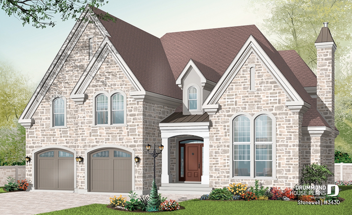 front - BASE MODEL - Europen home plan, 3 to 4 bedrooms, large bonus, master suite on main level, 2-car garage, formal living room - Stonewell