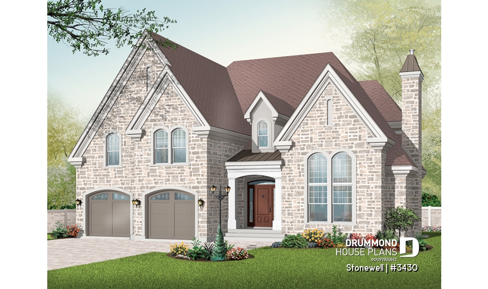 front - BASE MODEL - Europen home plan, 3 to 4 bedrooms, large bonus, master suite on main level, 2-car garage, formal living room - Stonewell