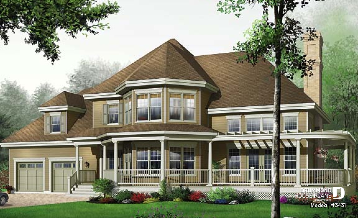 front - BASE MODEL - Modern Victorian home plan with 3 bedrooms, 2 living rooms, plenty of natural lights, 2-car garage - Medea