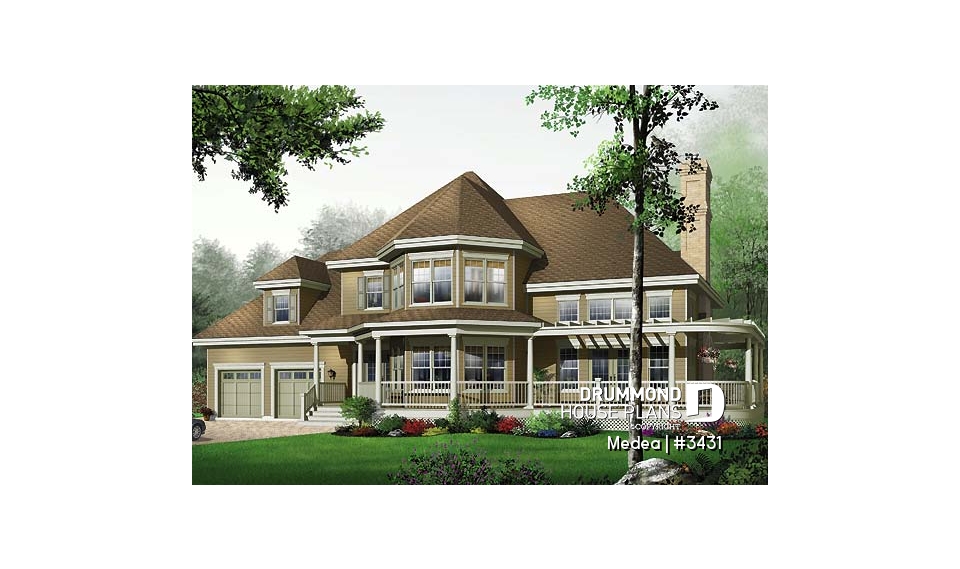 front - BASE MODEL - Modern Victorian home plan with 3 bedrooms, 2 living rooms, plenty of natural lights, 2-car garage - Medea