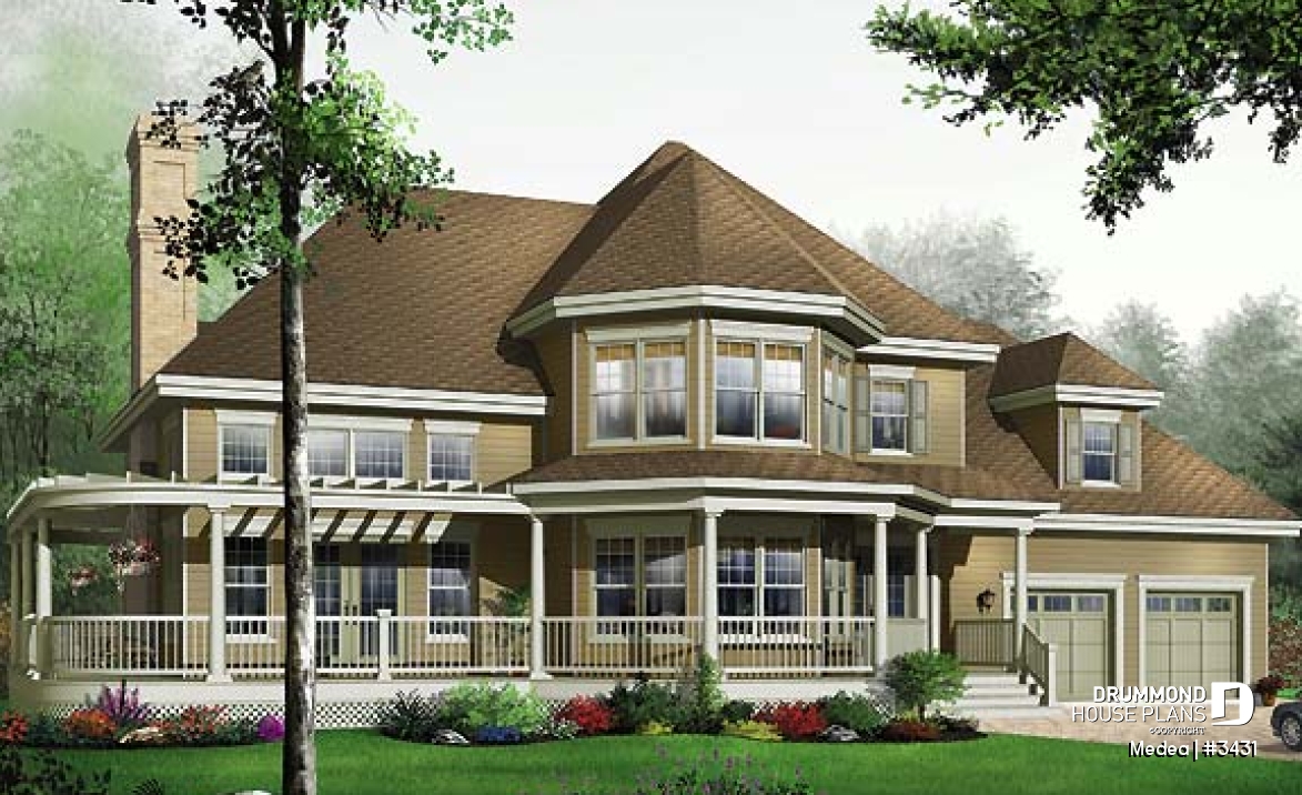 front - BASE MODEL - Modern Victorian home plan with 3 bedrooms, 2 living rooms, plenty of natural lights, 2-car garage - Medea