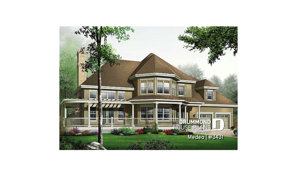 front - BASE MODEL - Modern Victorian home plan with 3 bedrooms, 2 living rooms, plenty of natural lights, 2-car garage - Medea