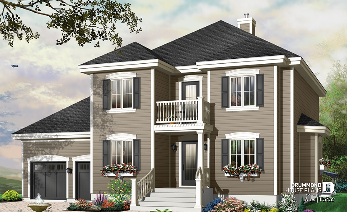 front - BASE MODEL - Two-story house plan with x-large bonus room, master suite with private balcony, home office, 2-car garage - Ares
