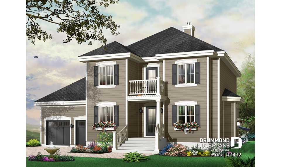 front - BASE MODEL - Two-story house plan with x-large bonus room, master suite with private balcony, home office, 2-car garage - Ares