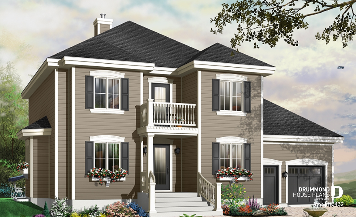 front - BASE MODEL - Two-story house plan with x-large bonus room, master suite with private balcony, home office, 2-car garage - Ares