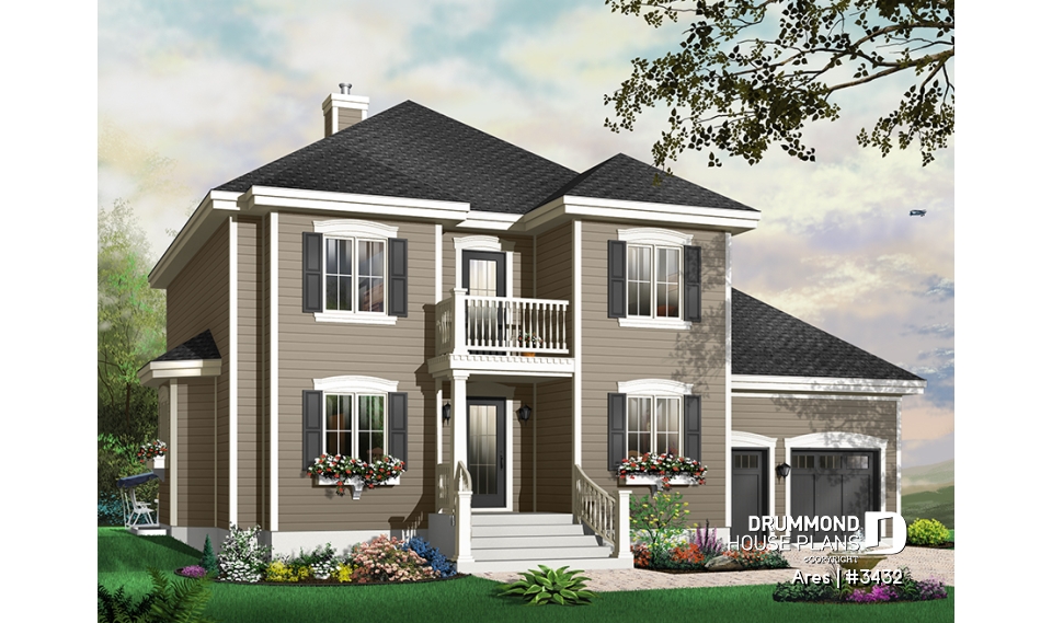 front - BASE MODEL - Two-story house plan with x-large bonus room, master suite with private balcony, home office, 2-car garage - Ares
