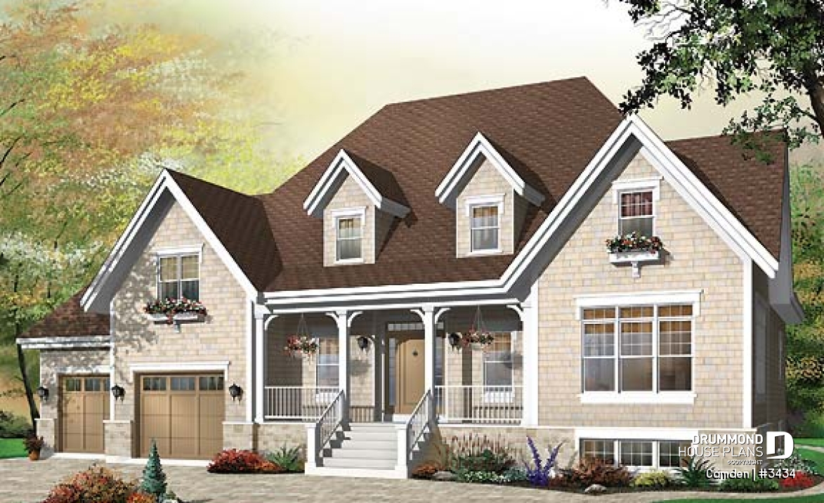 front - BASE MODEL - Farmhouse style home plan, 3 to 4 bedrooms,  master suite, 2-car garage, fireplace, formal dining, office - Camden