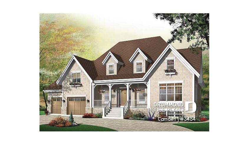 front - BASE MODEL - Farmhouse style home plan, 3 to 4 bedrooms,  master suite, 2-car garage, fireplace, formal dining, office - Camden