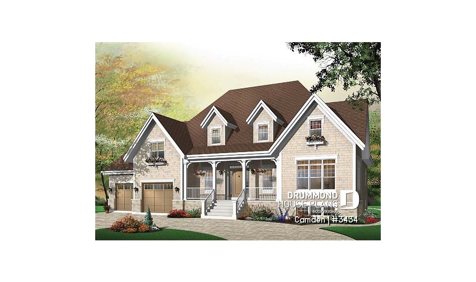 front - BASE MODEL - Farmhouse style home plan, 3 to 4 bedrooms,  master suite, 2-car garage, fireplace, formal dining, office - Camden