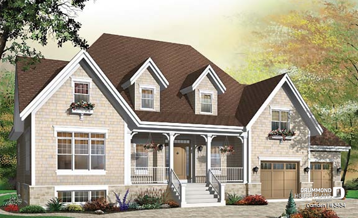 front - BASE MODEL - Farmhouse style home plan, 3 to 4 bedrooms,  master suite, 2-car garage, fireplace, formal dining, office - Camden