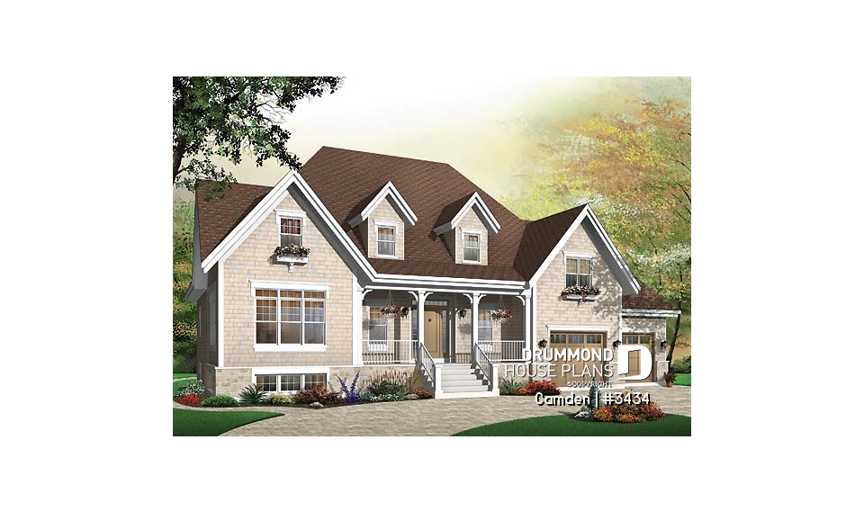 front - BASE MODEL - Farmhouse style home plan, 3 to 4 bedrooms,  master suite, 2-car garage, fireplace, formal dining, office - Camden