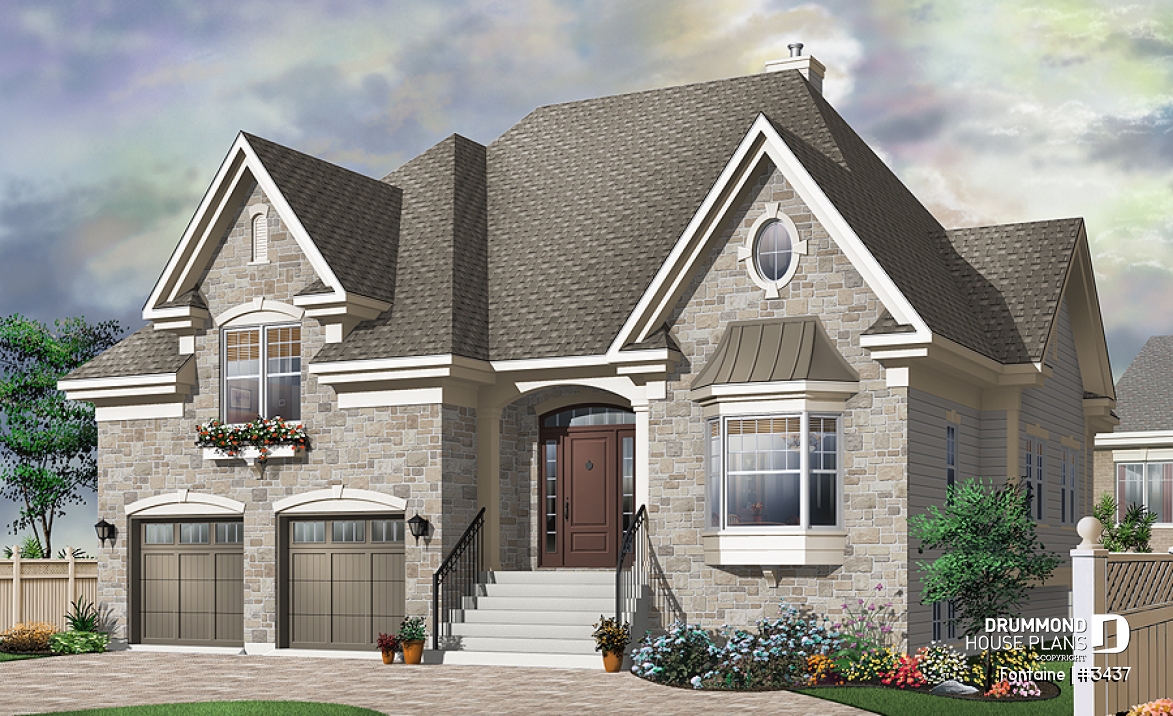 front - BASE MODEL - European Manor-Style House Plan With Double Garage And Unique Split-Level Primary Suite - Fontaine
