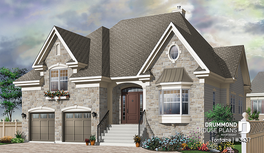 front - BASE MODEL - European Manor-Style House Plan With Double Garage And Unique Split-Level Primary Suite - Fontaine