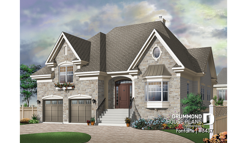 front - BASE MODEL - European Manor-Style House Plan With Double Garage And Unique Split-Level Primary Suite - Fontaine