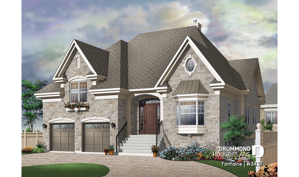 front - BASE MODEL - European Manor-Style House Plan With Double Garage And Unique Split-Level Primary Suite - Fontaine