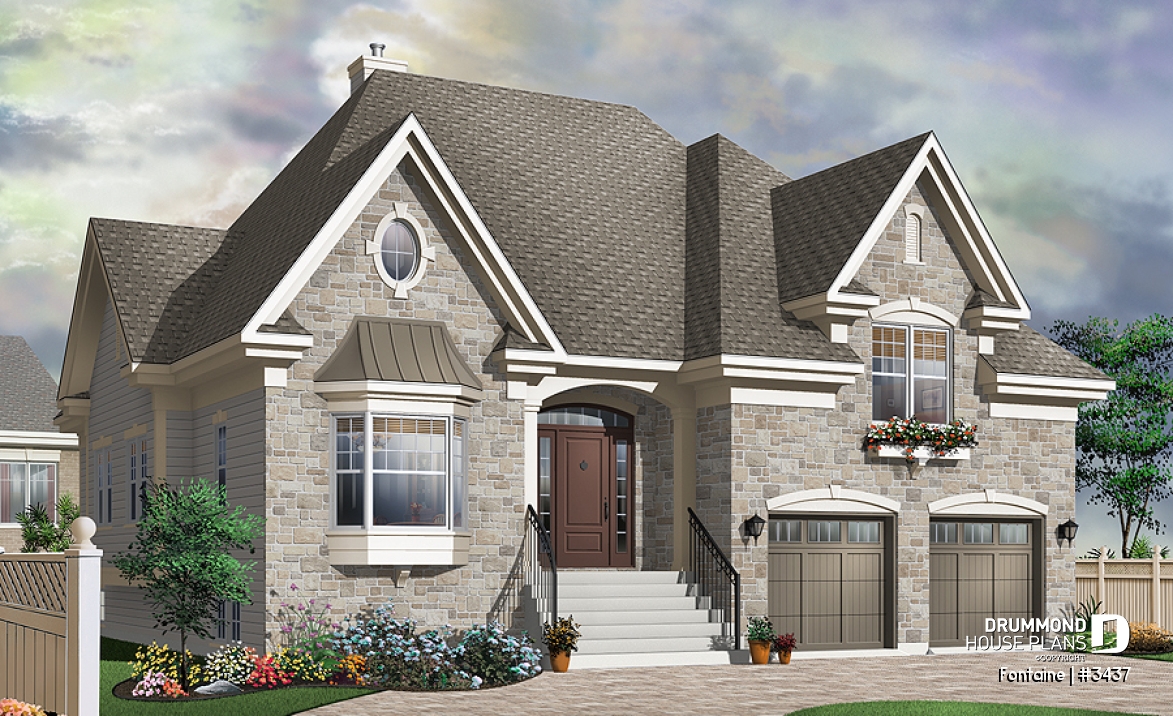 front - BASE MODEL - European Manor-Style House Plan With Double Garage And Unique Split-Level Primary Suite - Fontaine