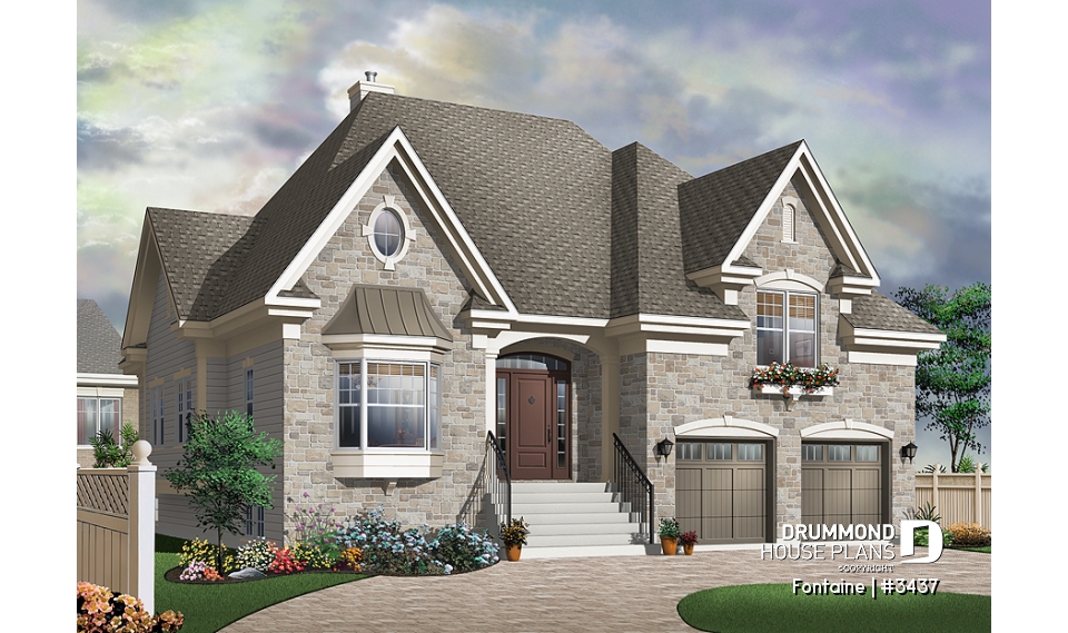 front - BASE MODEL - European Manor-Style House Plan With Double Garage And Unique Split-Level Primary Suite - Fontaine