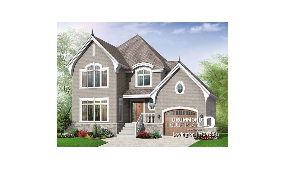 front - BASE MODEL - 3 bedroom country home design with garage, laundry room on second floor, sunken living room - Levington