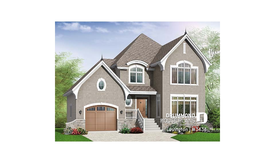 front - BASE MODEL - 3 bedroom country home design with garage, laundry room on second floor, sunken living room - Levington