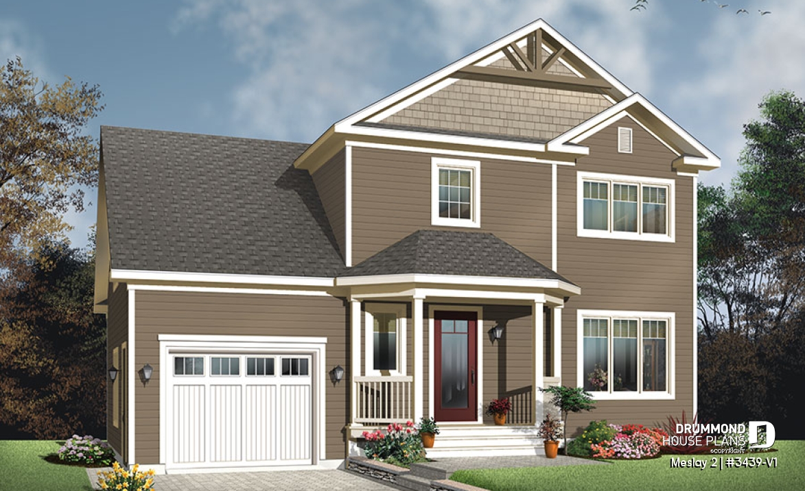 front - BASE MODEL - Transitional small house plan with functional  open floor plan, 3 large bedrooms and a garage - Meslay 2