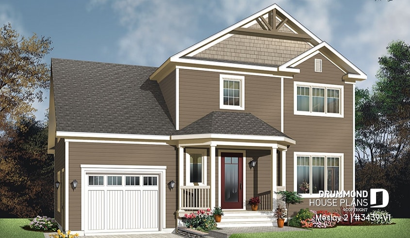 front - BASE MODEL - Transitional small house plan with functional  open floor plan, 3 large bedrooms and a garage - Meslay 2
