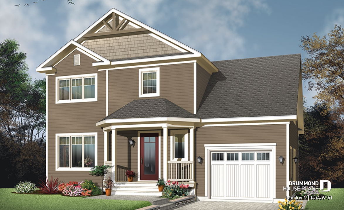 front - BASE MODEL - Transitional small house plan with functional  open floor plan, 3 large bedrooms and a garage - Meslay 2
