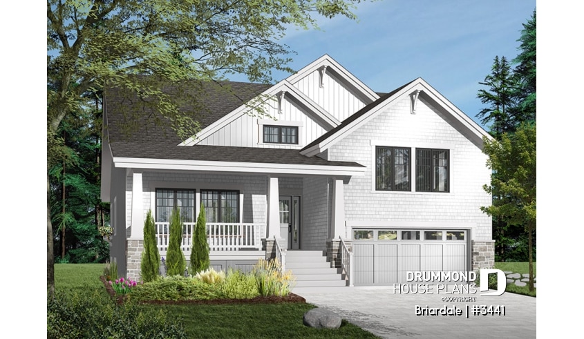 front - BASE MODEL - Craftsman style home plan, 3 to 4 beds, master suite on main floor, open floor plan, two car garage - Briardale