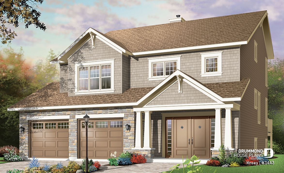 front - BASE MODEL - House plan with 3 bedroom, double walk-in in large master suite, fireplace &amp; two car garage - Kinsey