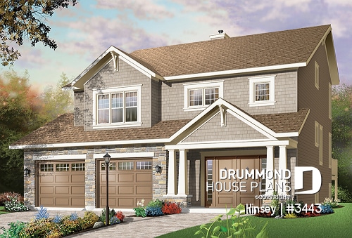 front - BASE MODEL - House plan with 3 bedroom, double walk-in in large master suite, fireplace & two car garage - Kinsey