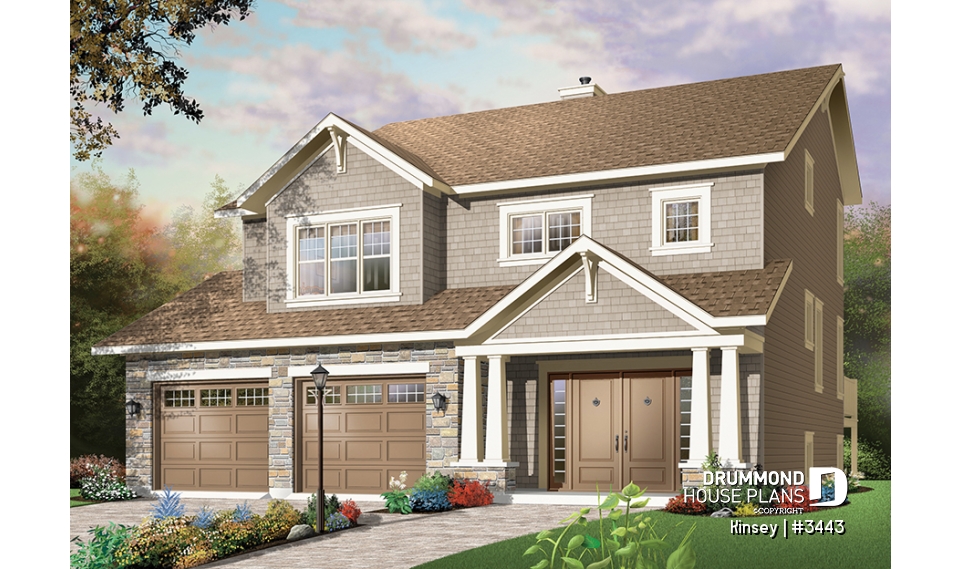 front - BASE MODEL - House plan with 3 bedroom, double walk-in in large master suite, fireplace &amp; two car garage - Kinsey