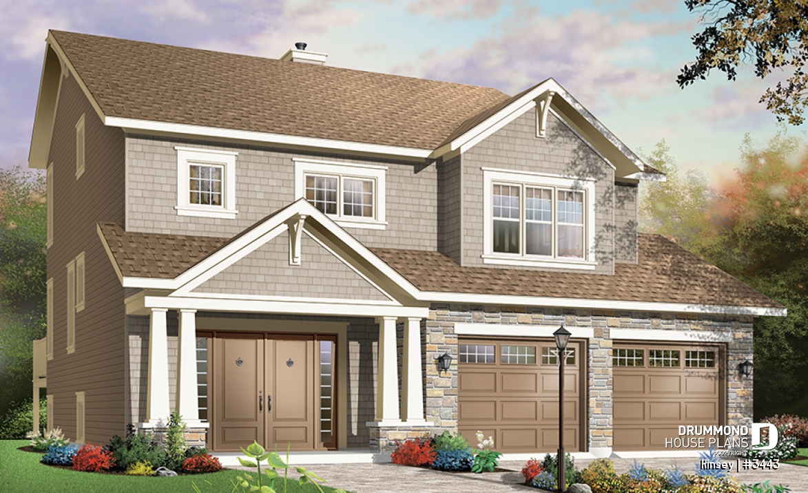 front - BASE MODEL - House plan with 3 bedroom, double walk-in in large master suite, fireplace &amp; two car garage - Kinsey