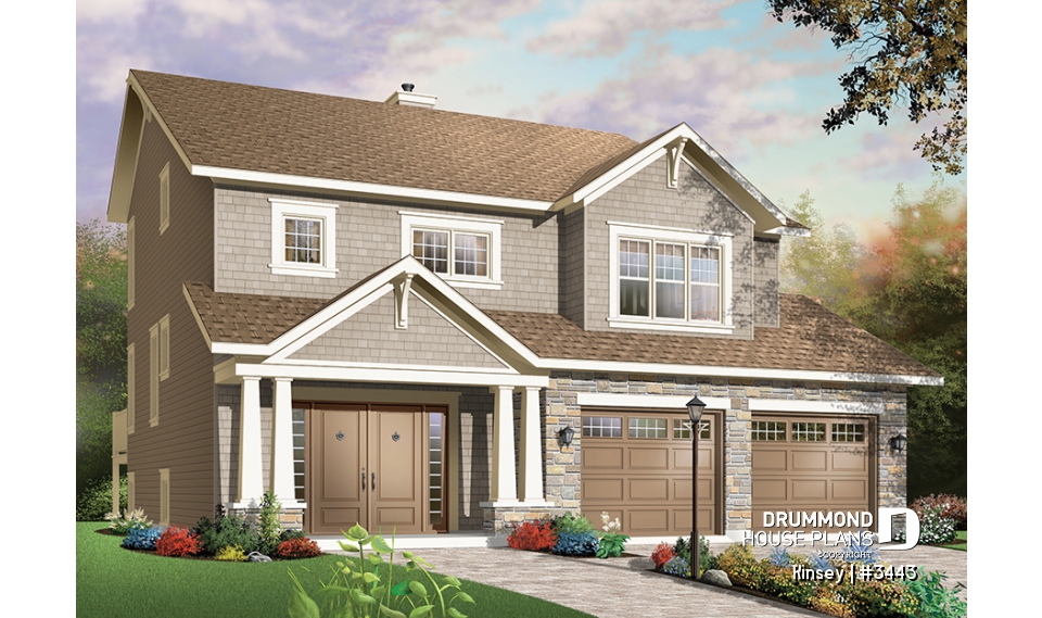 front - BASE MODEL - House plan with 3 bedroom, double walk-in in large master suite, fireplace &amp; two car garage - Kinsey