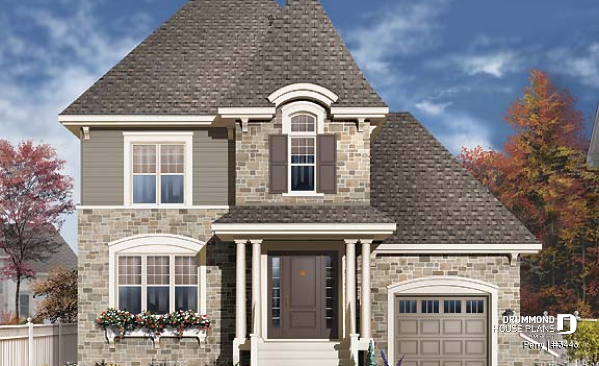 front - BASE MODEL - 3 bedroom manor style house plan, ideal for narrow lot , garage and great master suite - Perry