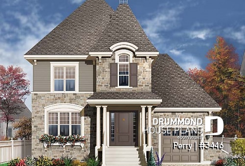 front - BASE MODEL - 3 bedroom manor style house plan, ideal for narrow lot , garage and great master suite - Perry