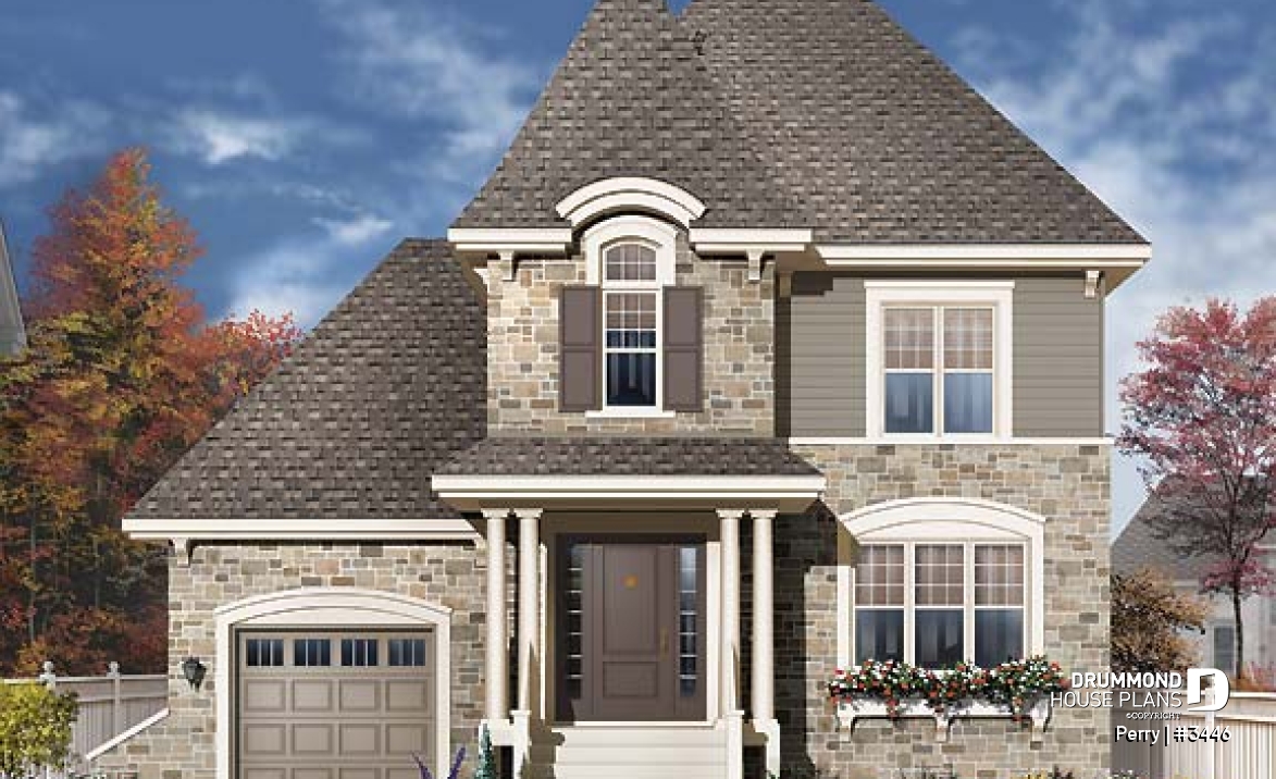 front - BASE MODEL - 3 bedroom manor style house plan, ideal for narrow lot , garage and great master suite - Perry