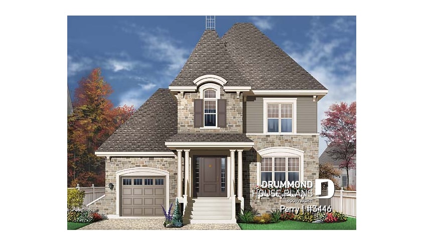 front - BASE MODEL - 3 bedroom manor style house plan, ideal for narrow lot , garage and great master suite - Perry