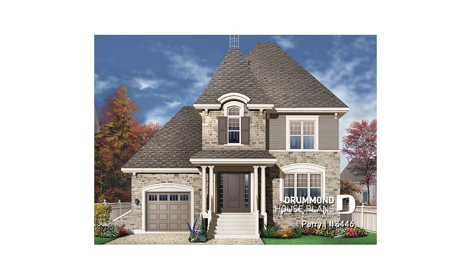 front - BASE MODEL - 3 bedroom manor style house plan, ideal for narrow lot , garage and great master suite - Perry