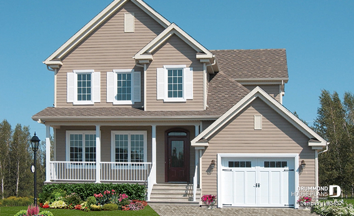 front - BASE MODEL - 3 bedrooms, 2 storey house plan with garage, master suite and laundry room on 2nd floor, den - Dempsey