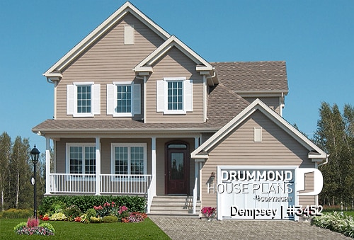 front - BASE MODEL - 3 bedrooms, 2 storey house plan with garage, master suite and laundry room on 2nd floor, den - Dempsey