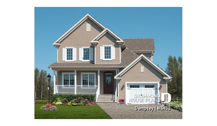 front - BASE MODEL - 3 bedrooms, 2 storey house plan with garage, master suite and laundry room on 2nd floor, den - Dempsey